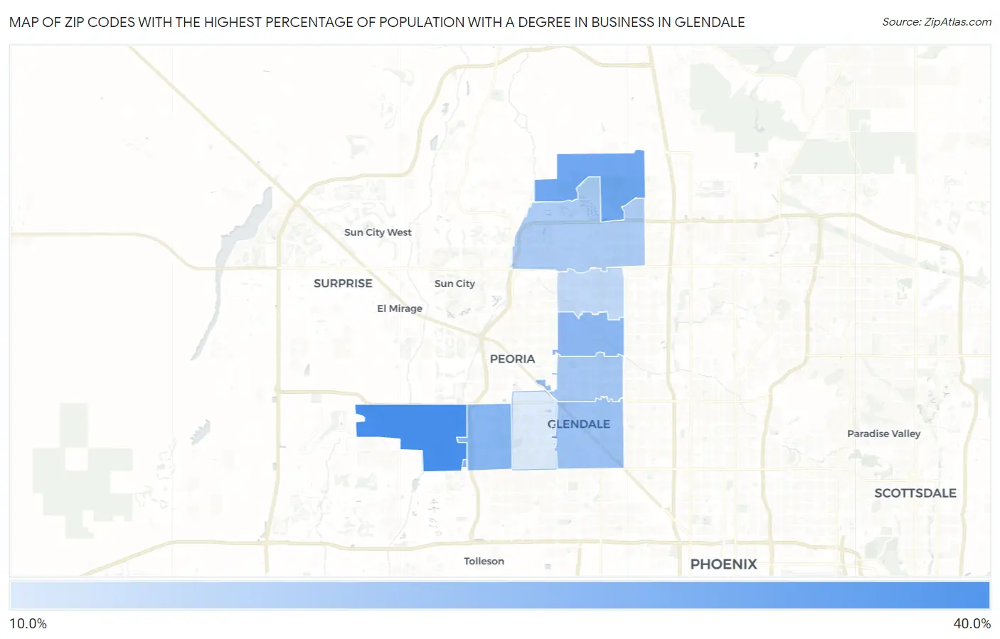 Zip Codes with the Highest Percentage of Population with a Degree in Business in Glendale Map