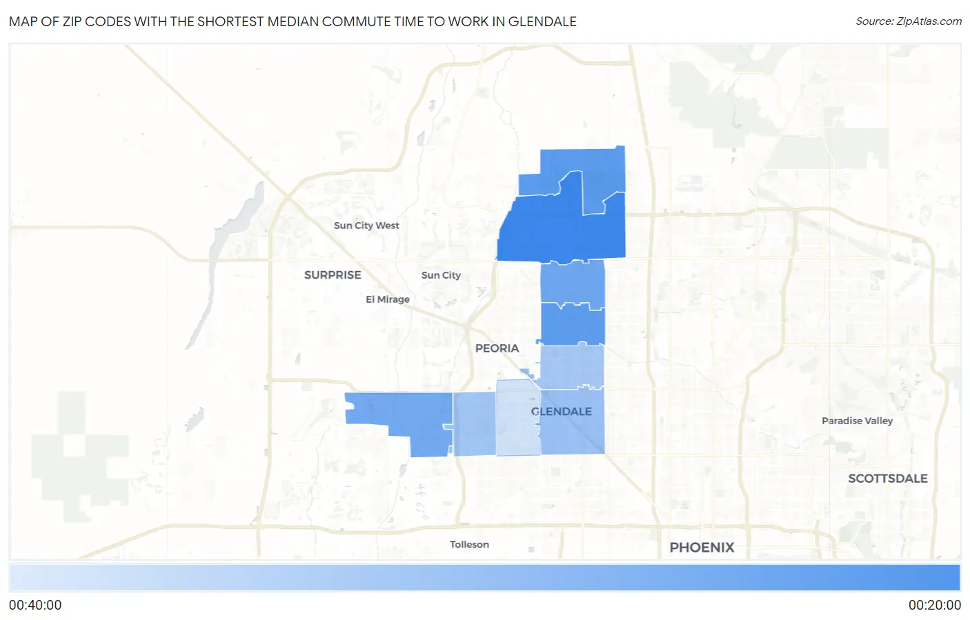 Zip Codes with the Shortest Median Commute Time to Work in Glendale Map