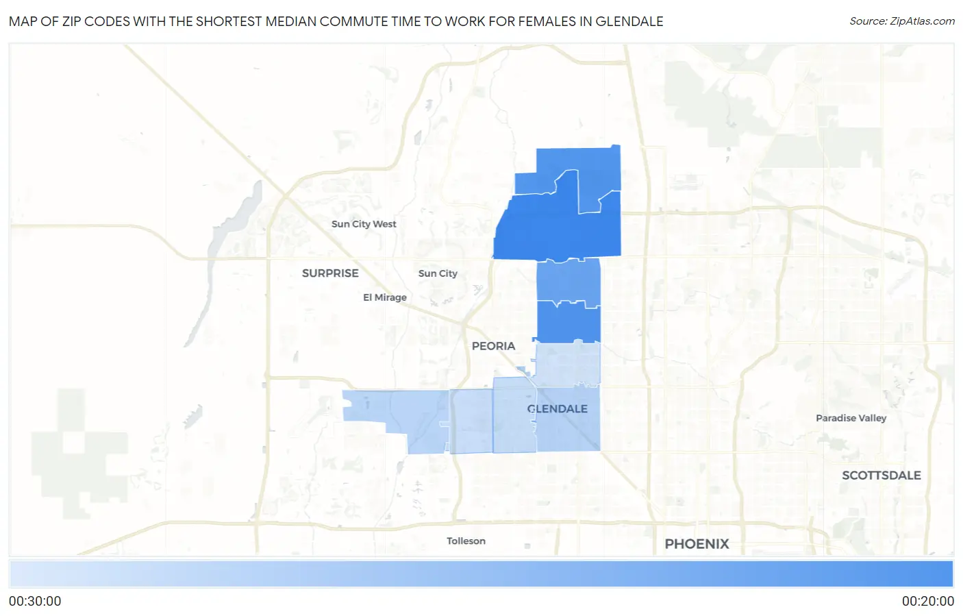 Zip Codes with the Shortest Median Commute Time to Work for Females in Glendale Map