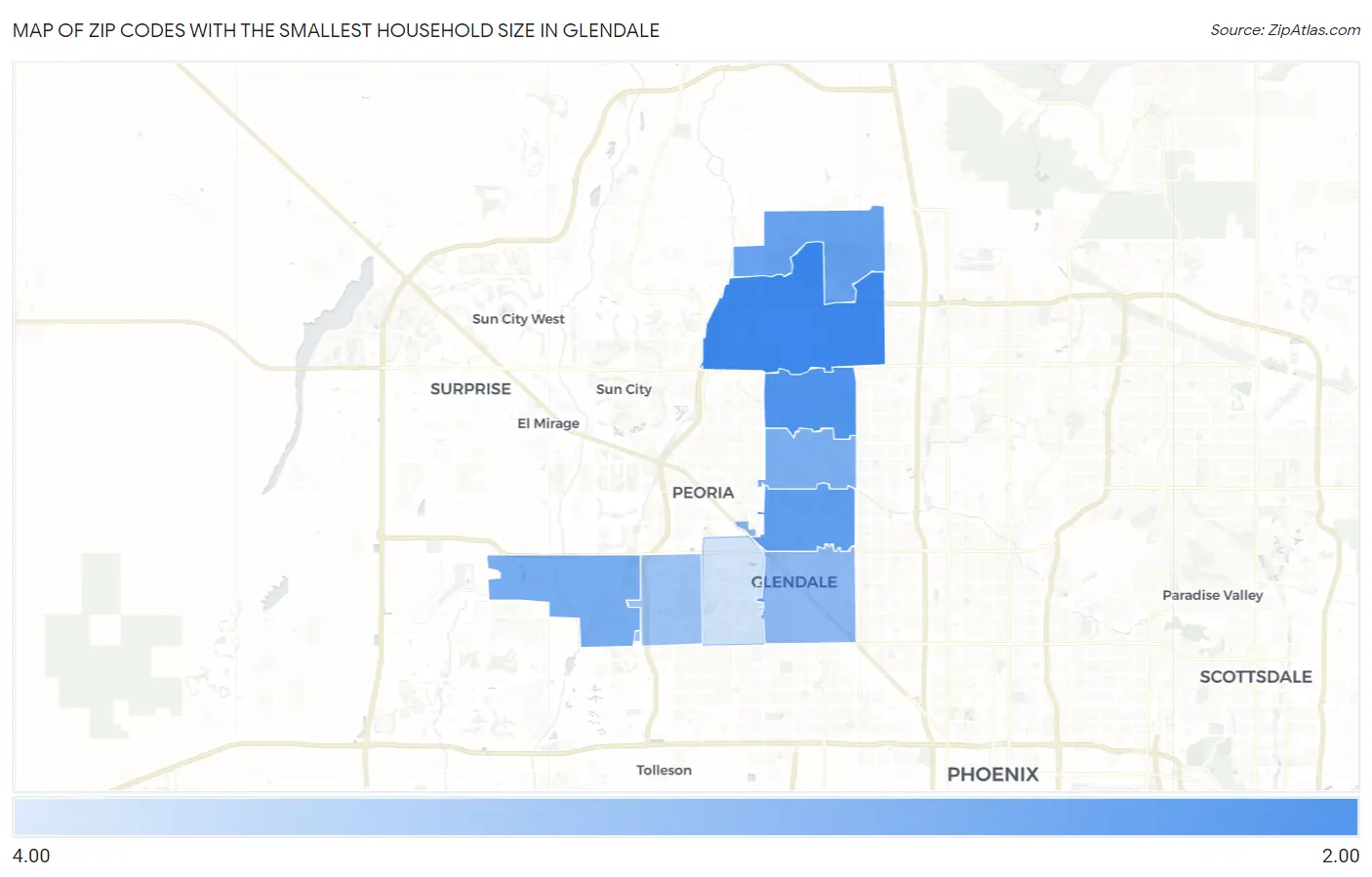 Zip Codes with the Smallest Household Size in Glendale Map