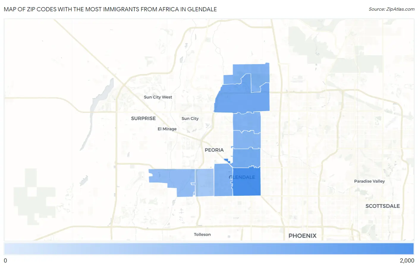 Zip Codes with the Most Immigrants from Africa in Glendale Map