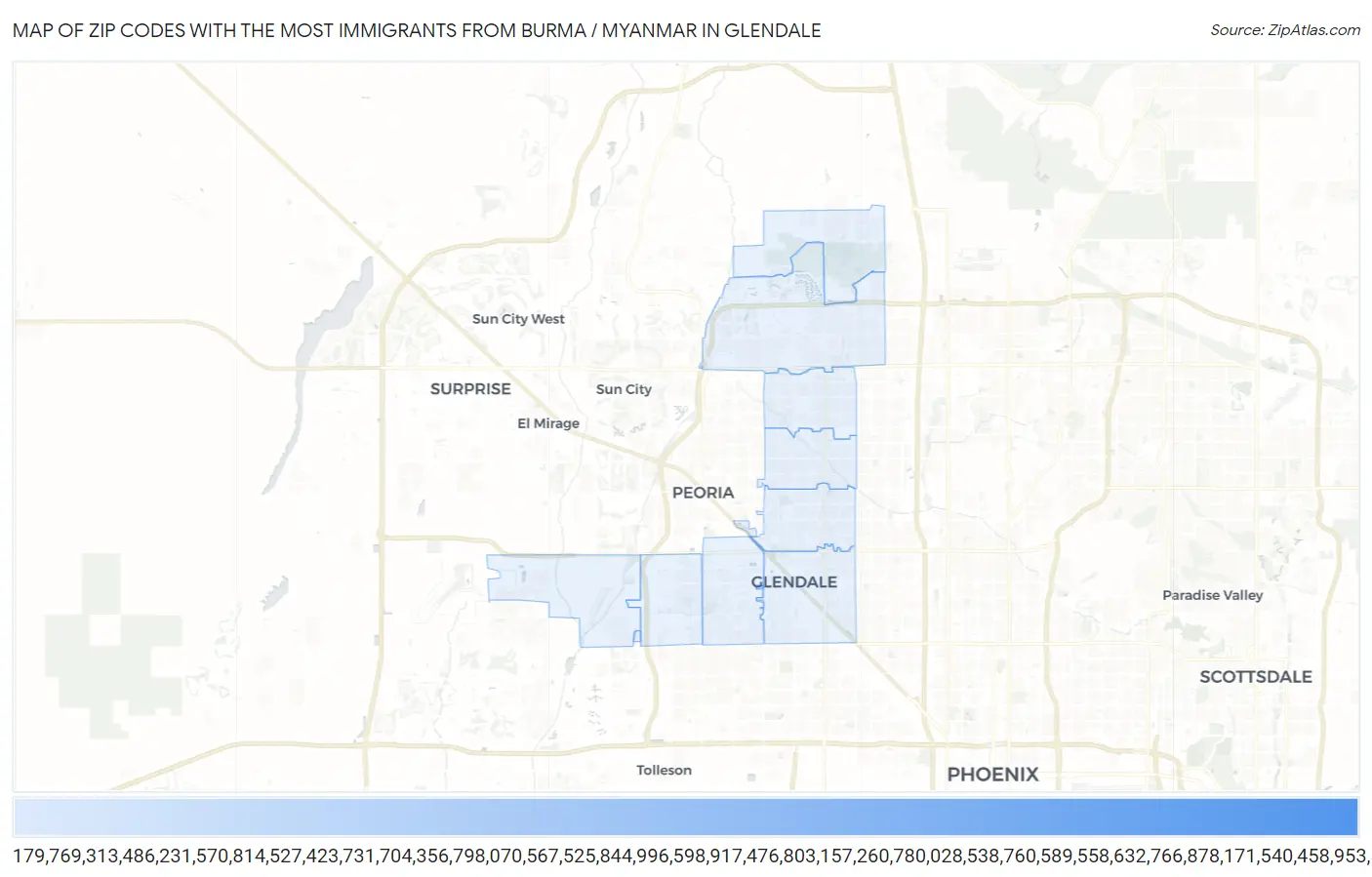 Zip Codes with the Most Immigrants from Burma / Myanmar in Glendale Map