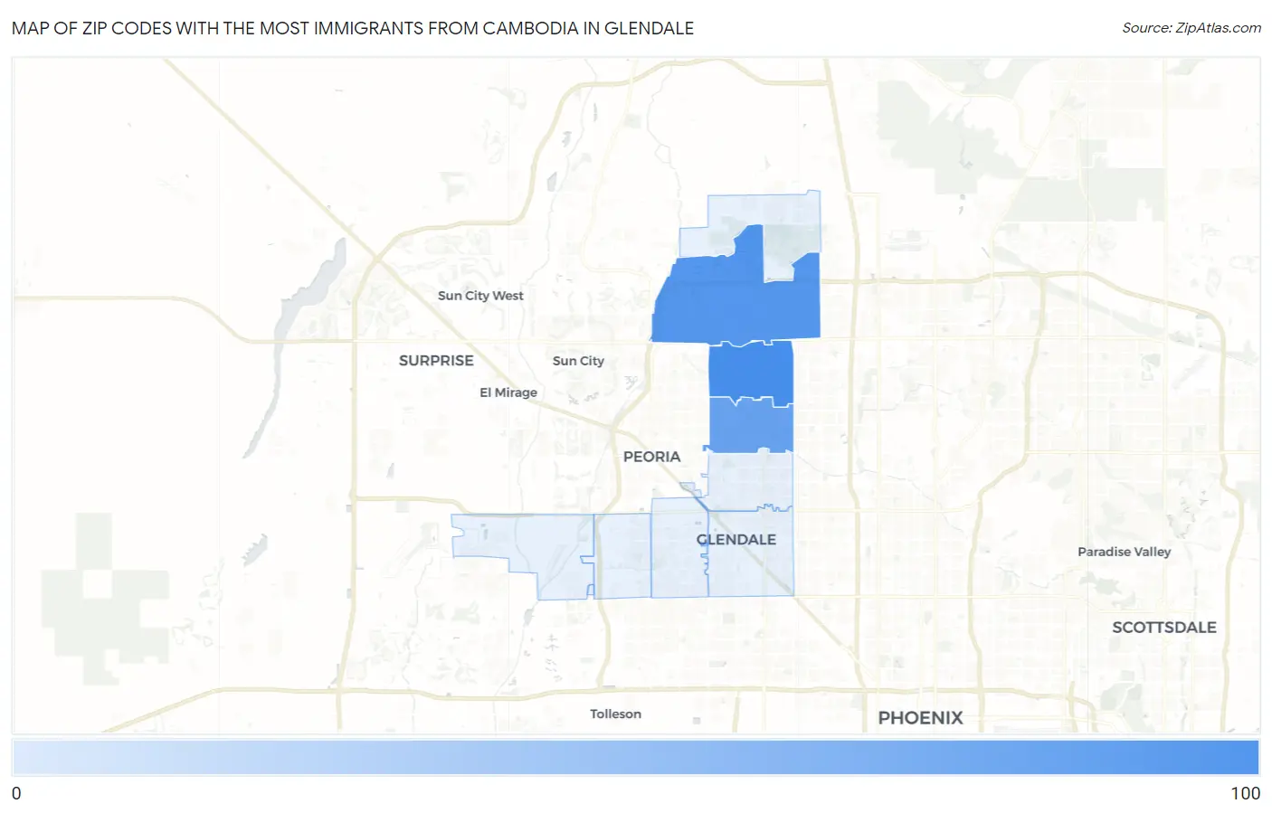 Zip Codes with the Most Immigrants from Cambodia in Glendale Map