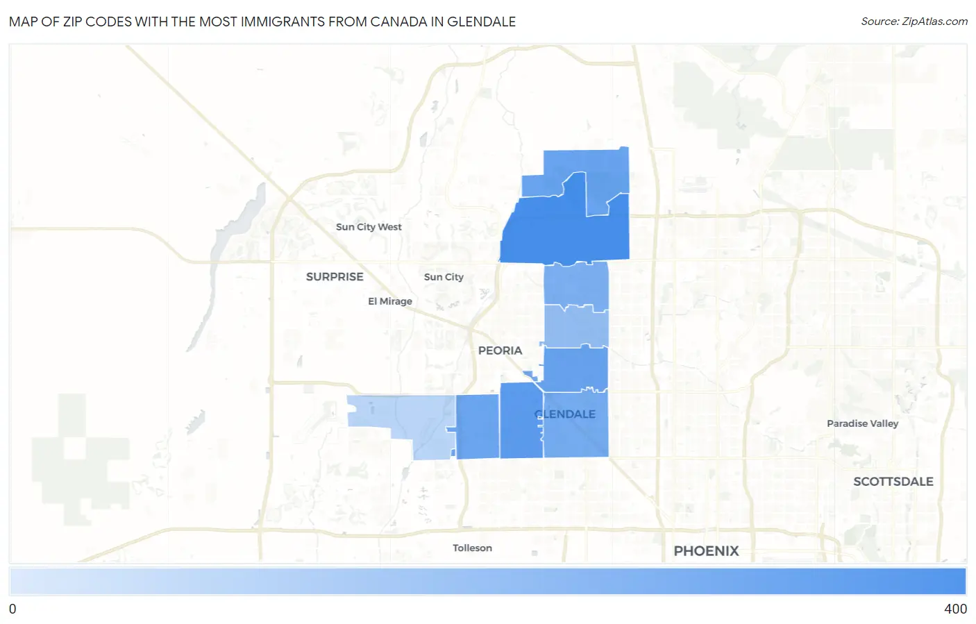 Zip Codes with the Most Immigrants from Canada in Glendale Map