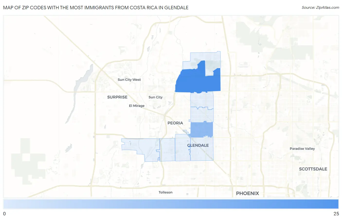 Zip Codes with the Most Immigrants from Costa Rica in Glendale Map