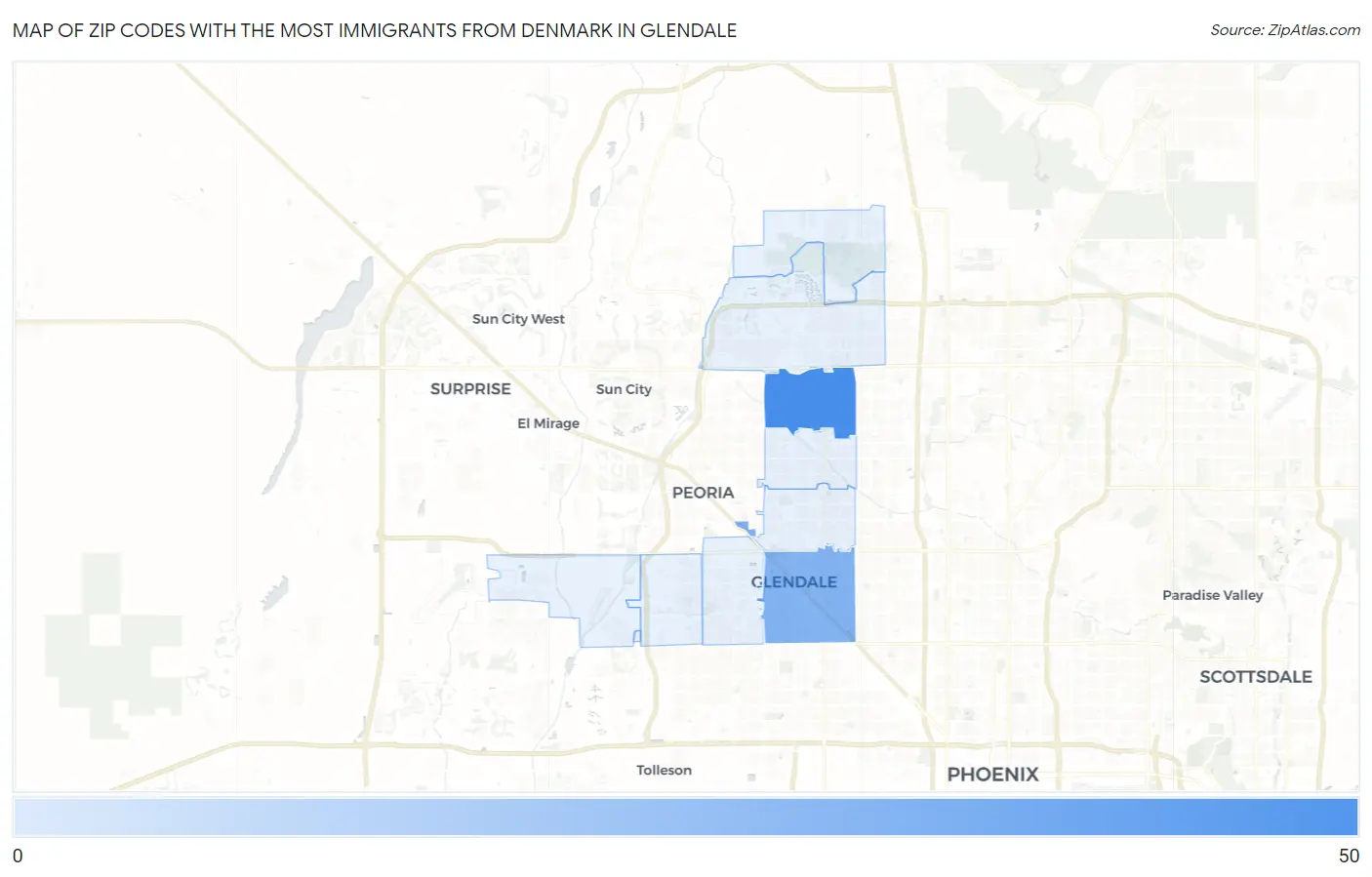 Zip Codes with the Most Immigrants from Denmark in Glendale Map