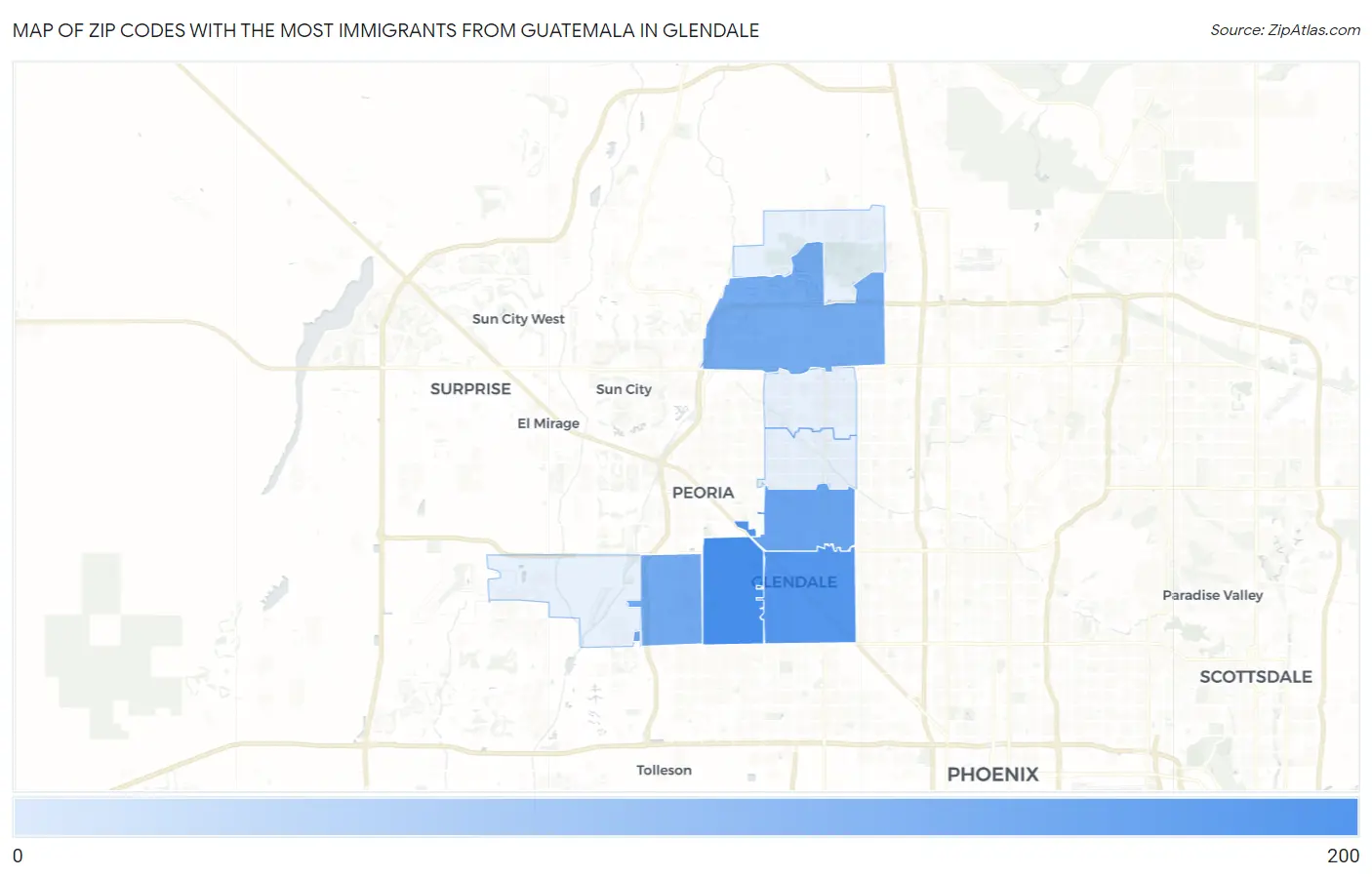 Zip Codes with the Most Immigrants from Guatemala in Glendale Map