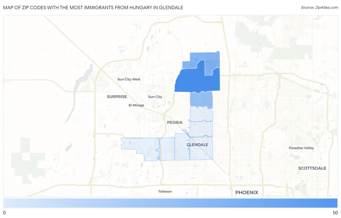 Zip Codes with the Most Immigrants from Hungary in Glendale Map