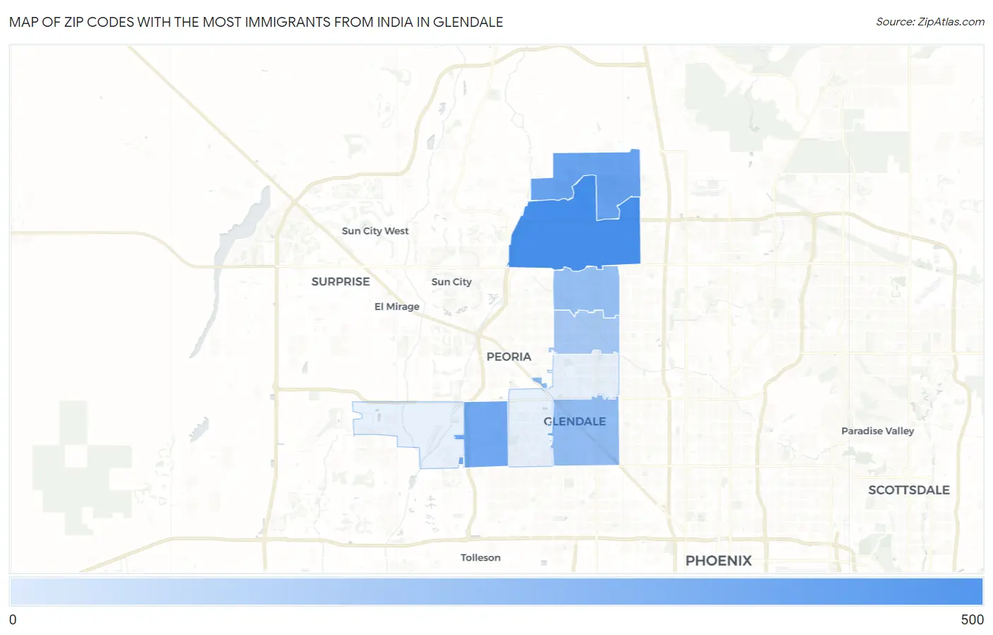 Zip Codes with the Most Immigrants from India in Glendale Map