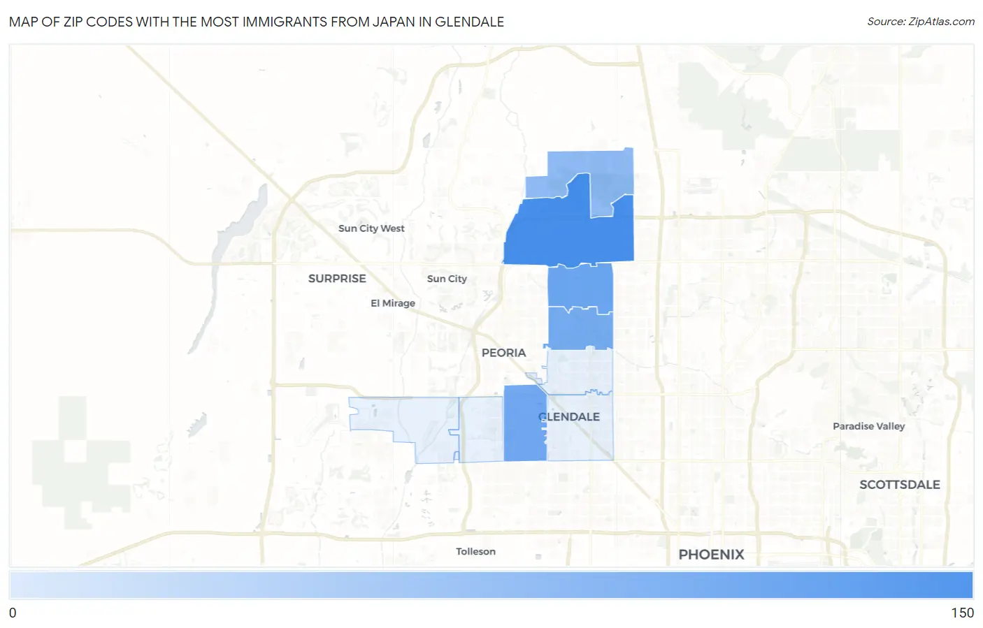 Zip Codes with the Most Immigrants from Japan in Glendale Map