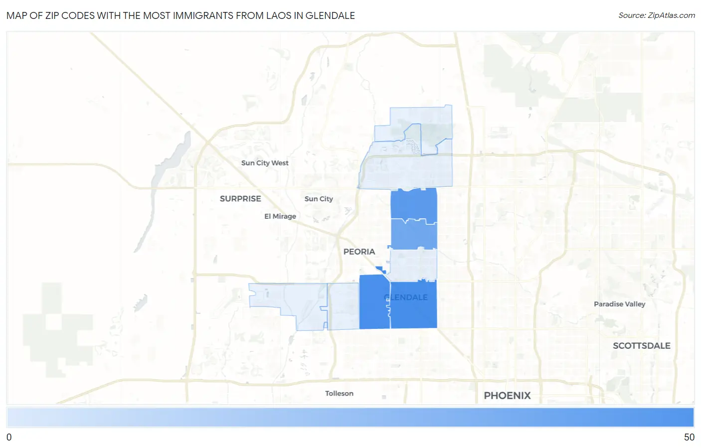 Zip Codes with the Most Immigrants from Laos in Glendale Map