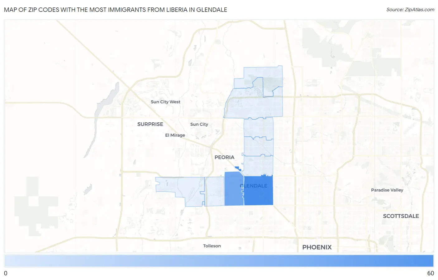 Zip Codes with the Most Immigrants from Liberia in Glendale Map