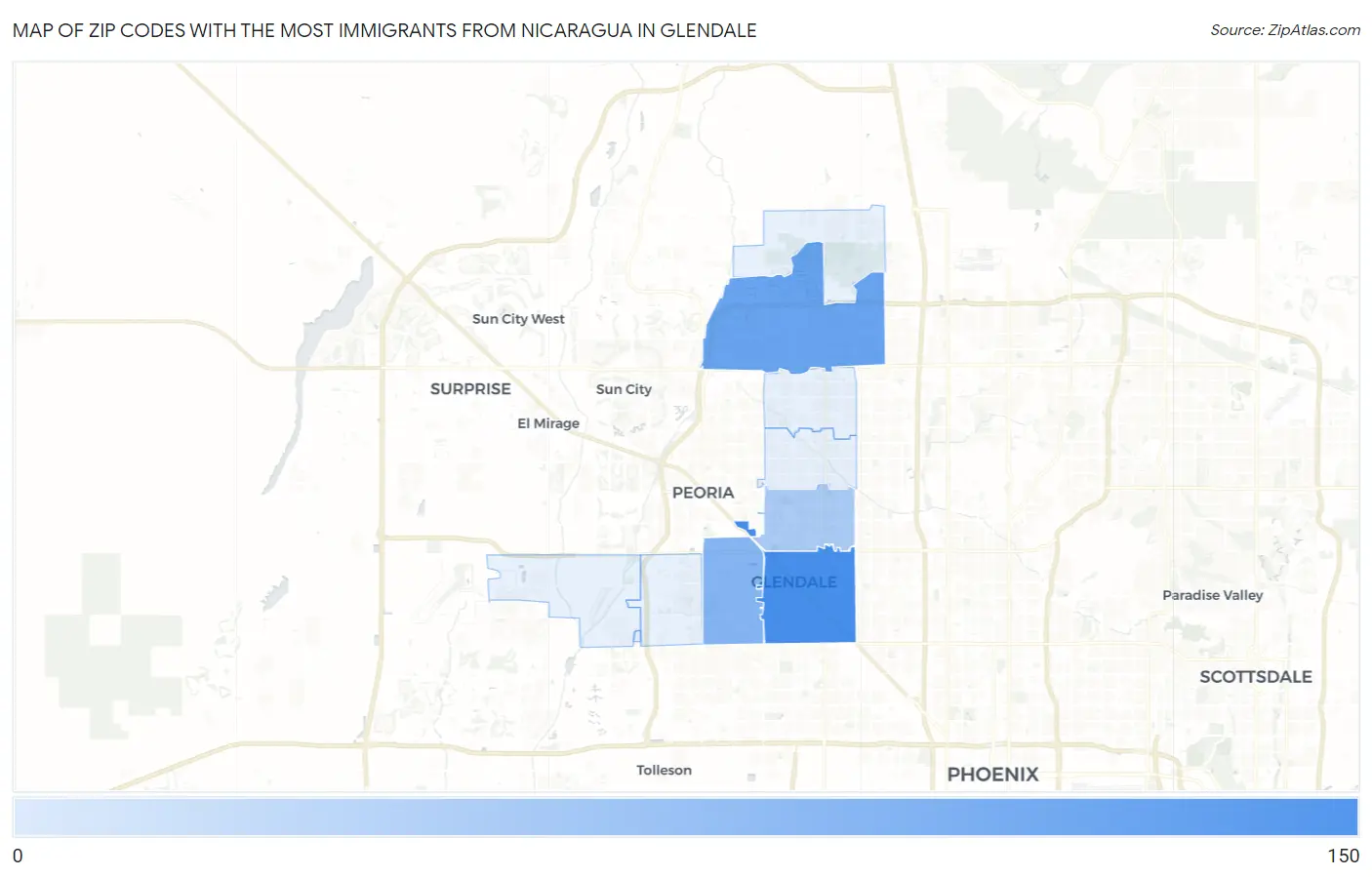 Zip Codes with the Most Immigrants from Nicaragua in Glendale Map