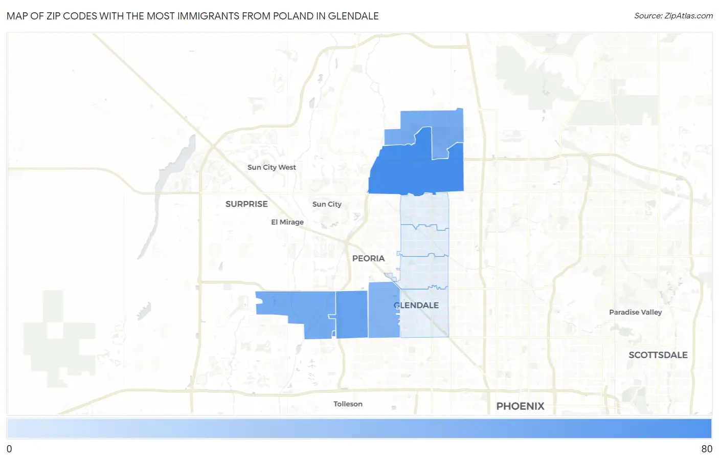 Zip Codes with the Most Immigrants from Poland in Glendale Map