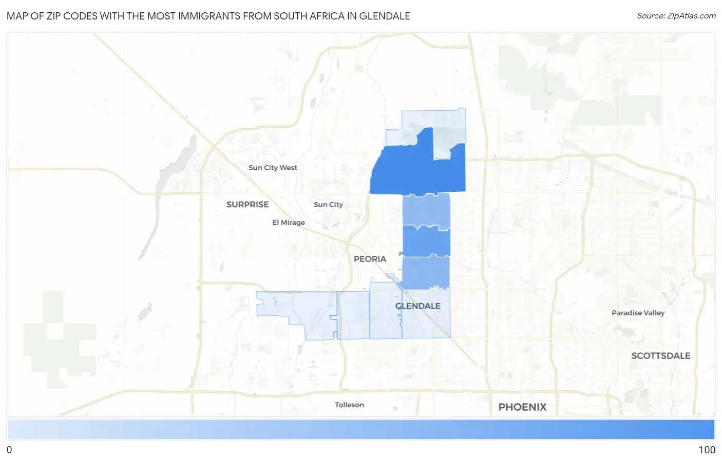 Zip Codes with the Most Immigrants from South Africa in Glendale Map