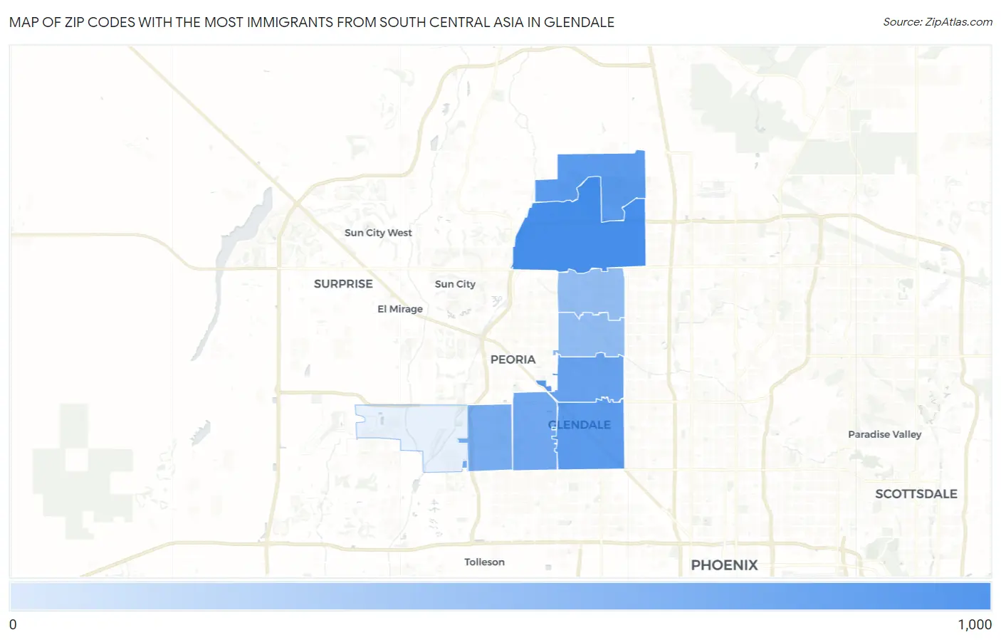 Zip Codes with the Most Immigrants from South Central Asia in Glendale Map