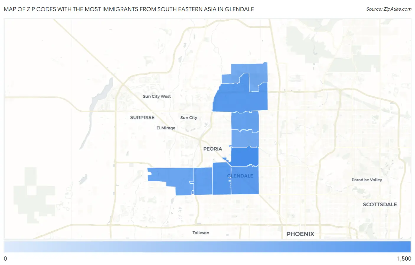 Zip Codes with the Most Immigrants from South Eastern Asia in Glendale Map