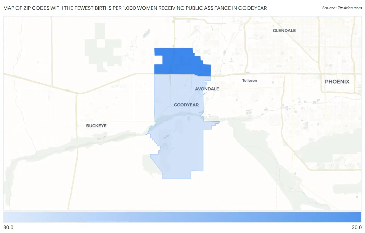 Zip Codes with the Fewest Births per 1,000 Women Receiving Public Assitance in Goodyear Map