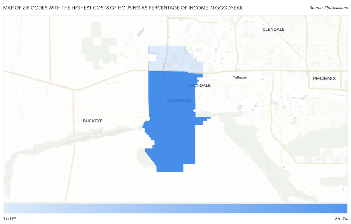 Zip Codes with the Highest Costs of Housing as Percentage of Income in Goodyear Map