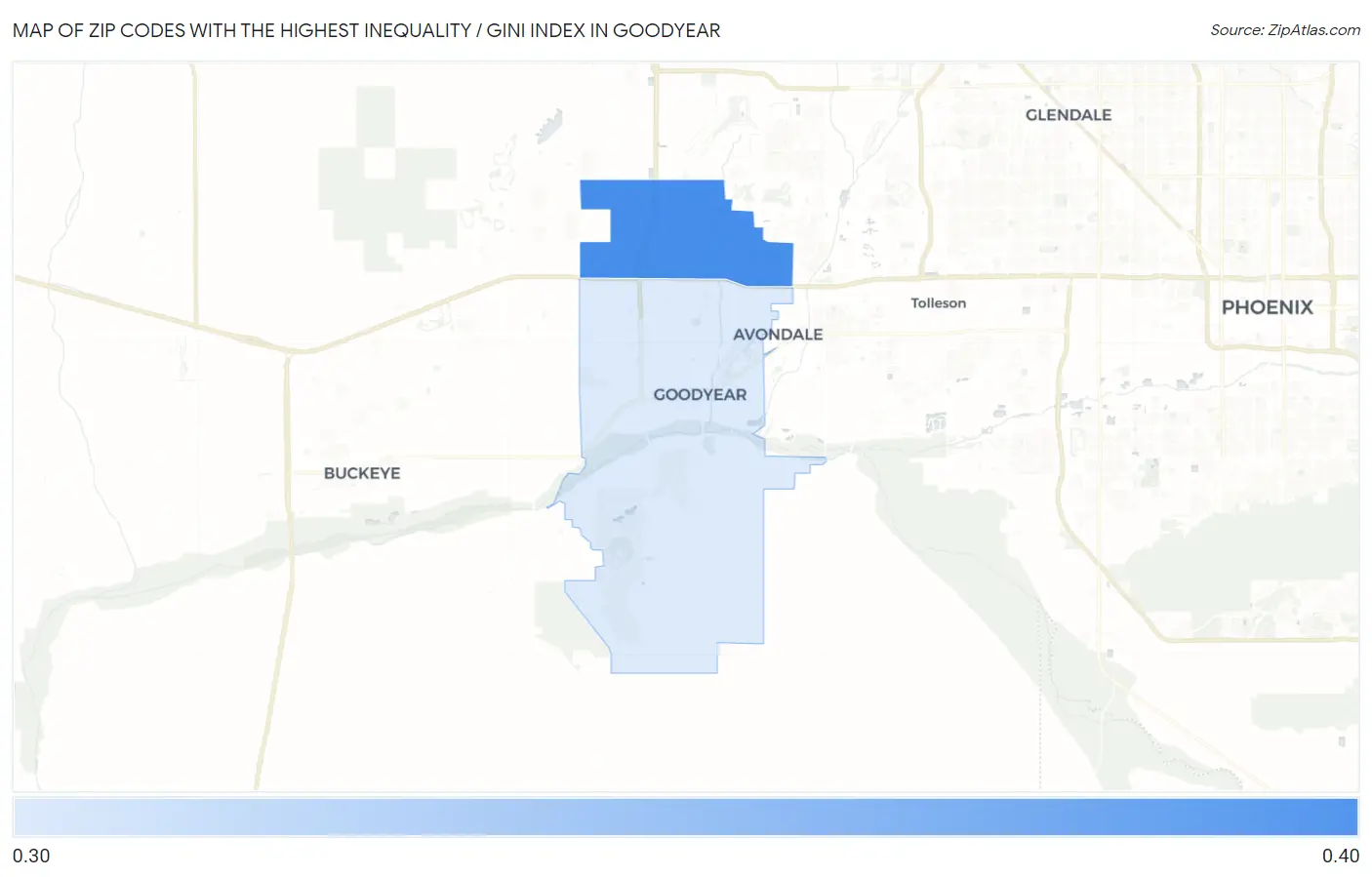 Zip Codes with the Highest Inequality / Gini Index in Goodyear Map