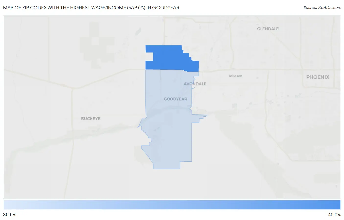 Zip Codes with the Highest Wage/Income Gap (%) in Goodyear Map