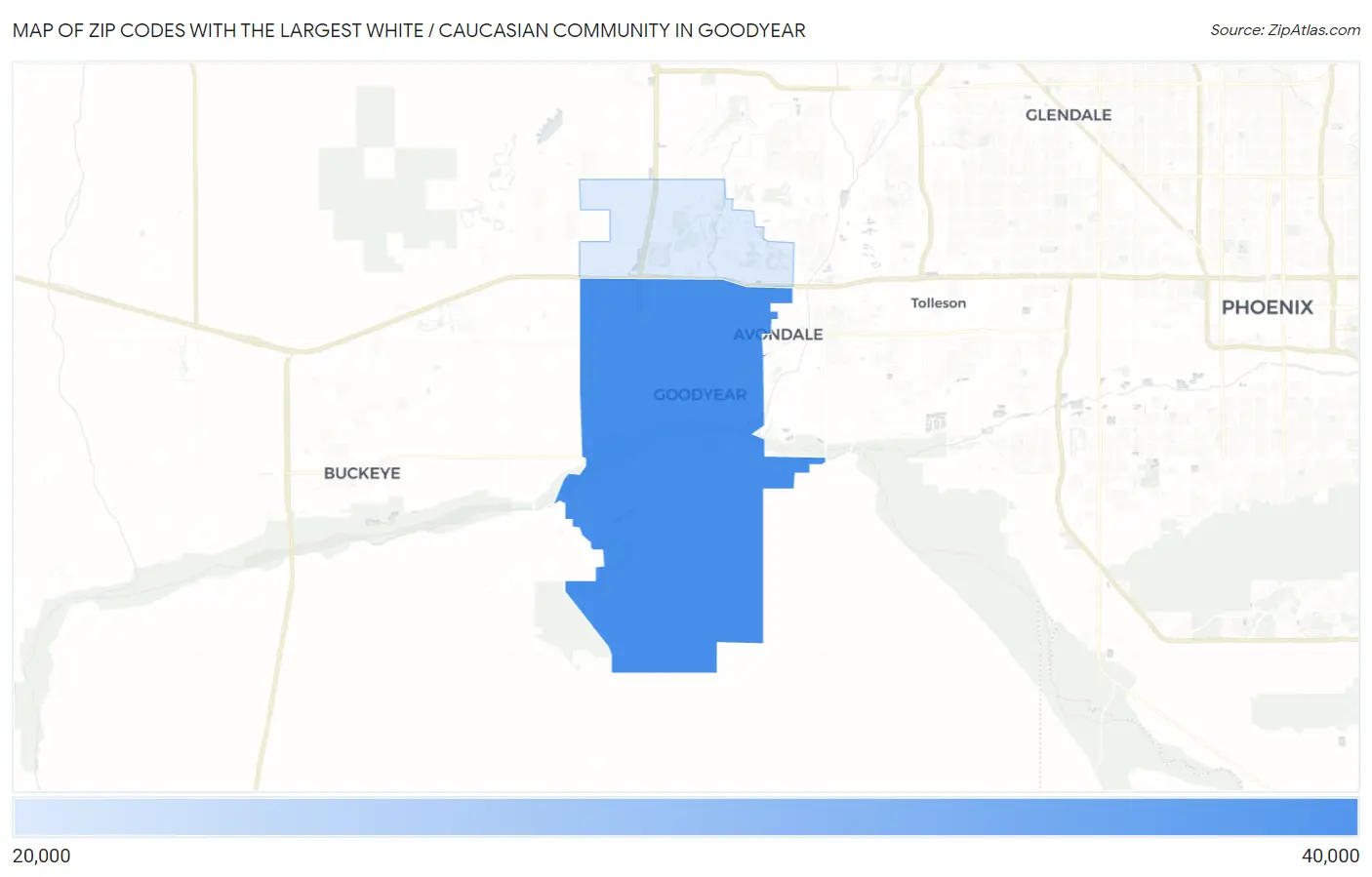 Zip Codes with the Largest White / Caucasian Community in Goodyear Map
