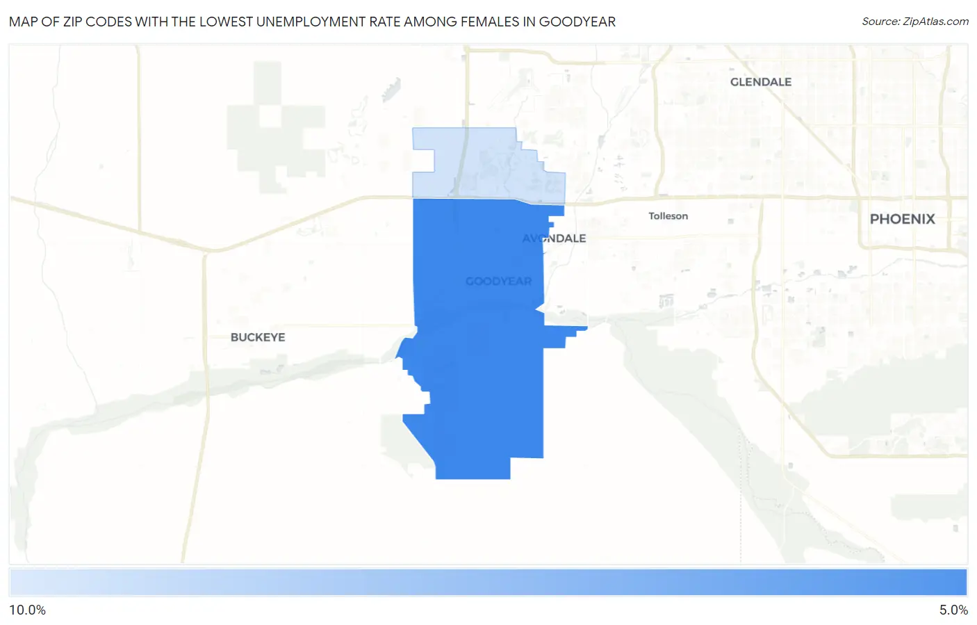 Zip Codes with the Lowest Unemployment Rate Among Females in Goodyear Map