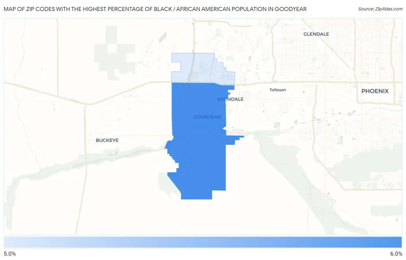 Zip Codes with the Highest Percentage of Black / African American Population in Goodyear Map