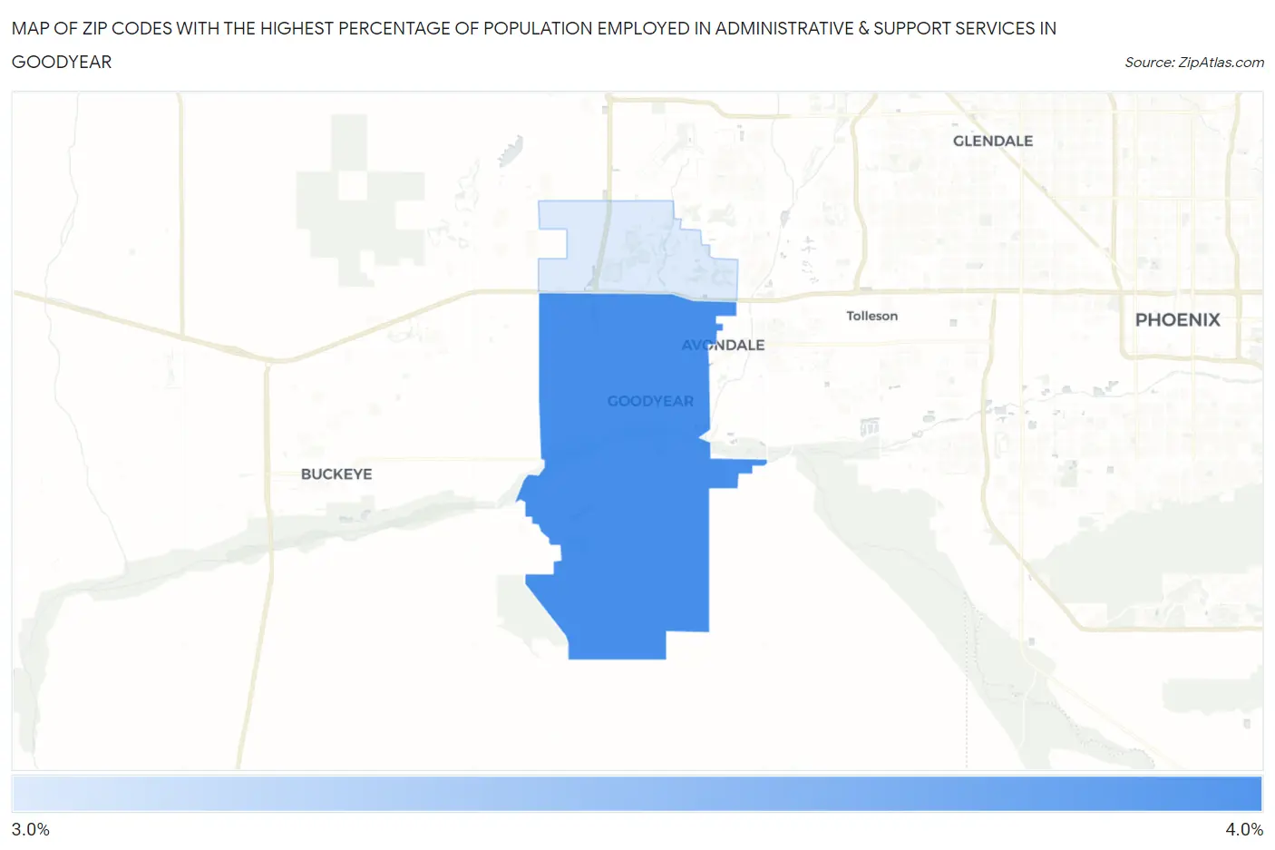 Zip Codes with the Highest Percentage of Population Employed in Administrative & Support Services in Goodyear Map