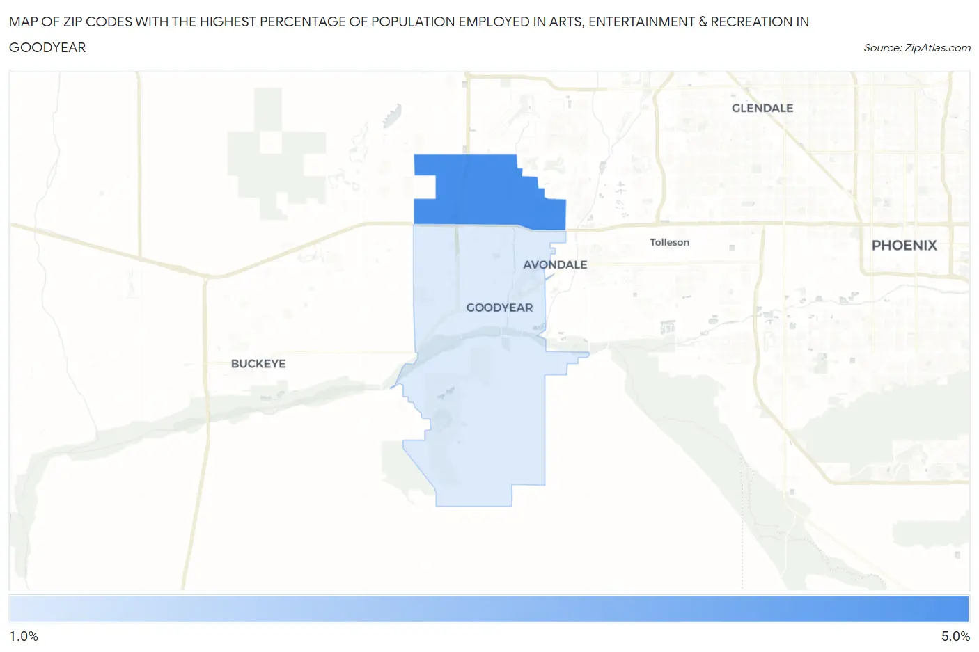 Zip Codes with the Highest Percentage of Population Employed in Arts, Entertainment & Recreation in Goodyear Map