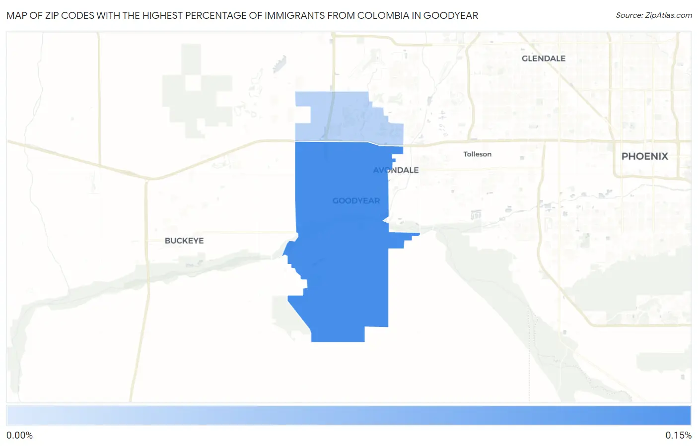 Zip Codes with the Highest Percentage of Immigrants from Colombia in Goodyear Map