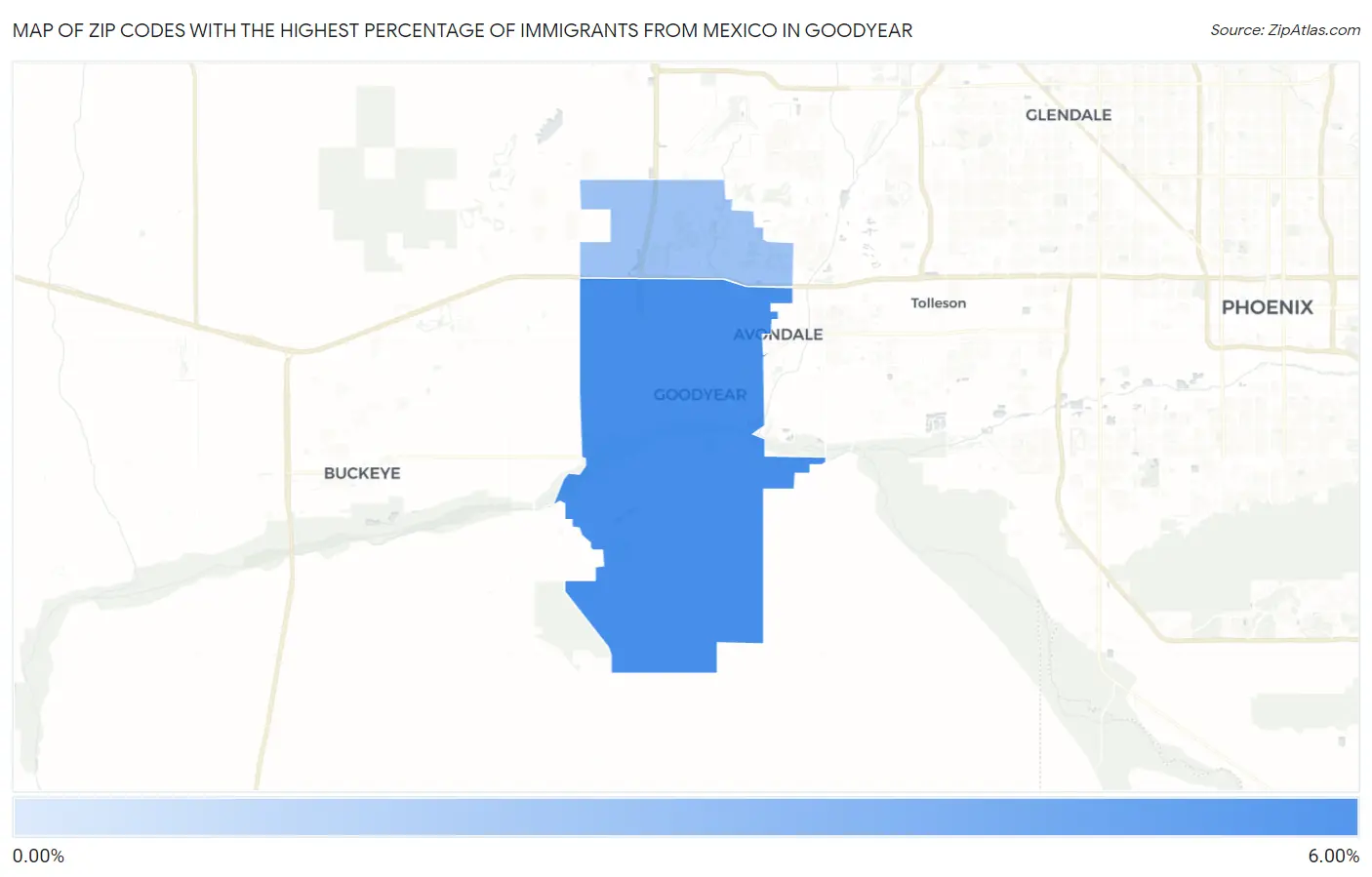 Zip Codes with the Highest Percentage of Immigrants from Mexico in Goodyear Map