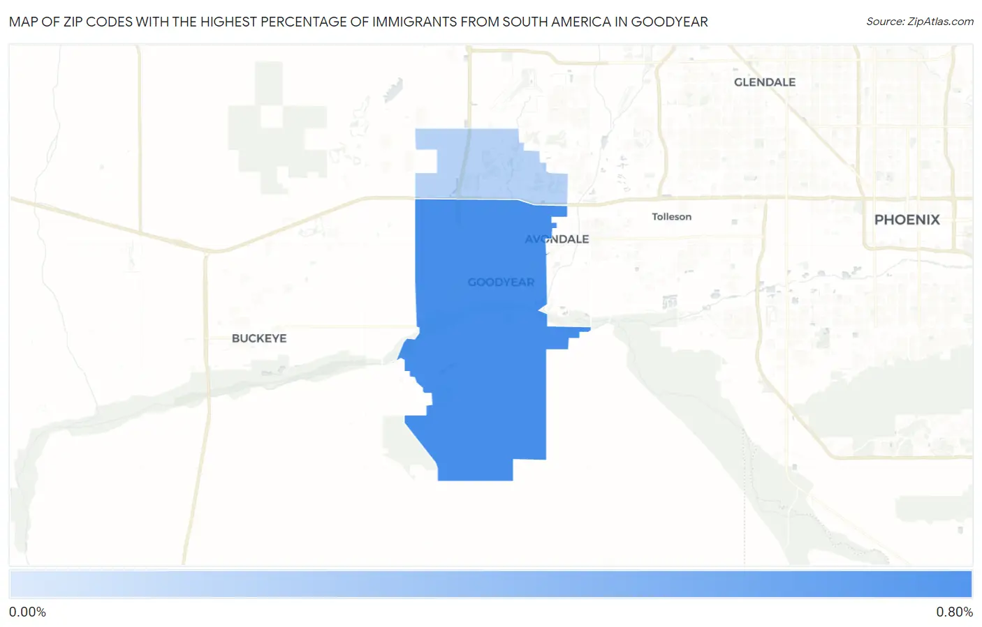 Zip Codes with the Highest Percentage of Immigrants from South America in Goodyear Map