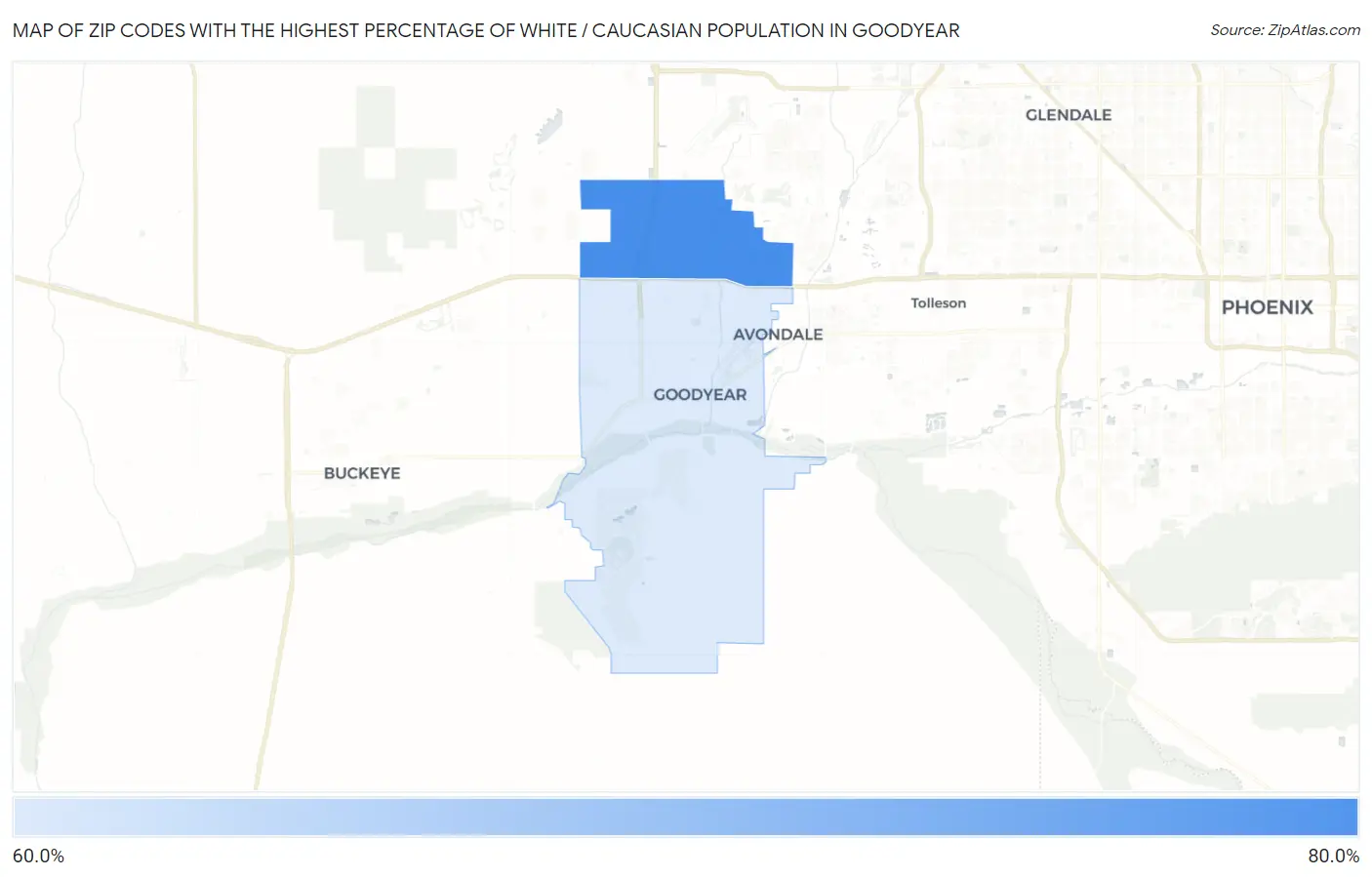Zip Codes with the Highest Percentage of White / Caucasian Population in Goodyear Map