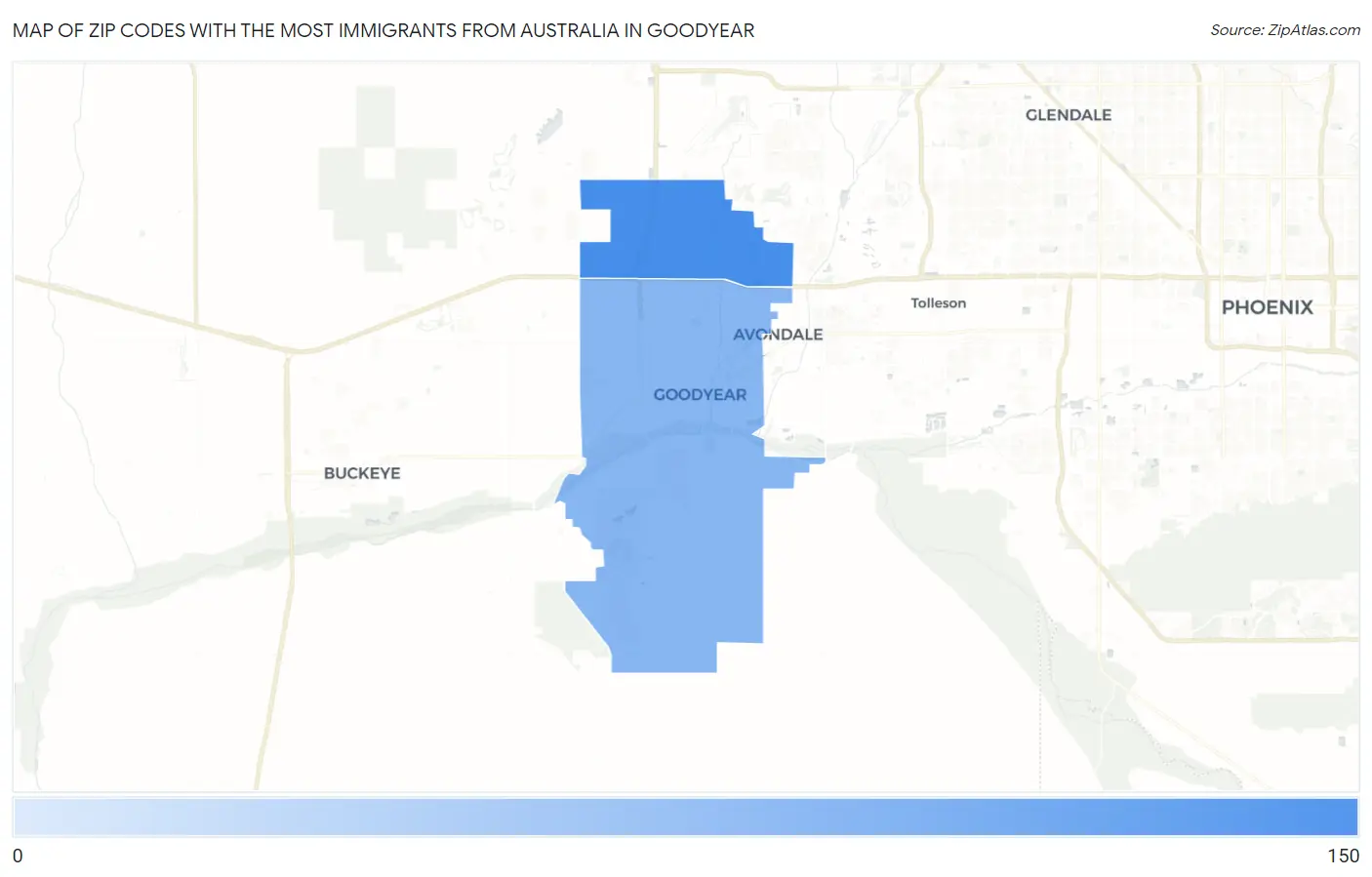 Zip Codes with the Most Immigrants from Australia in Goodyear Map