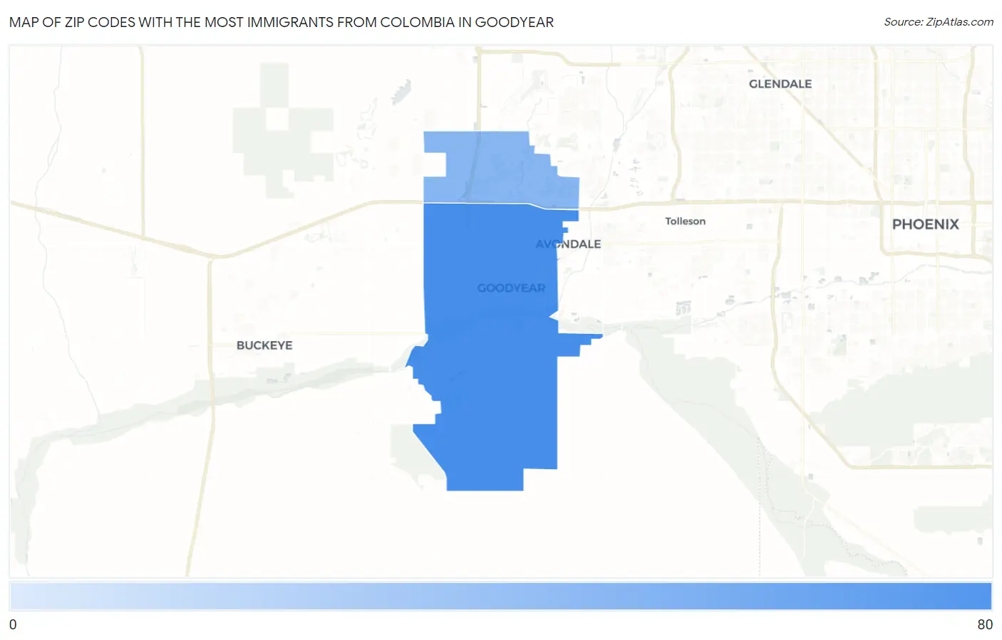 Zip Codes with the Most Immigrants from Colombia in Goodyear Map