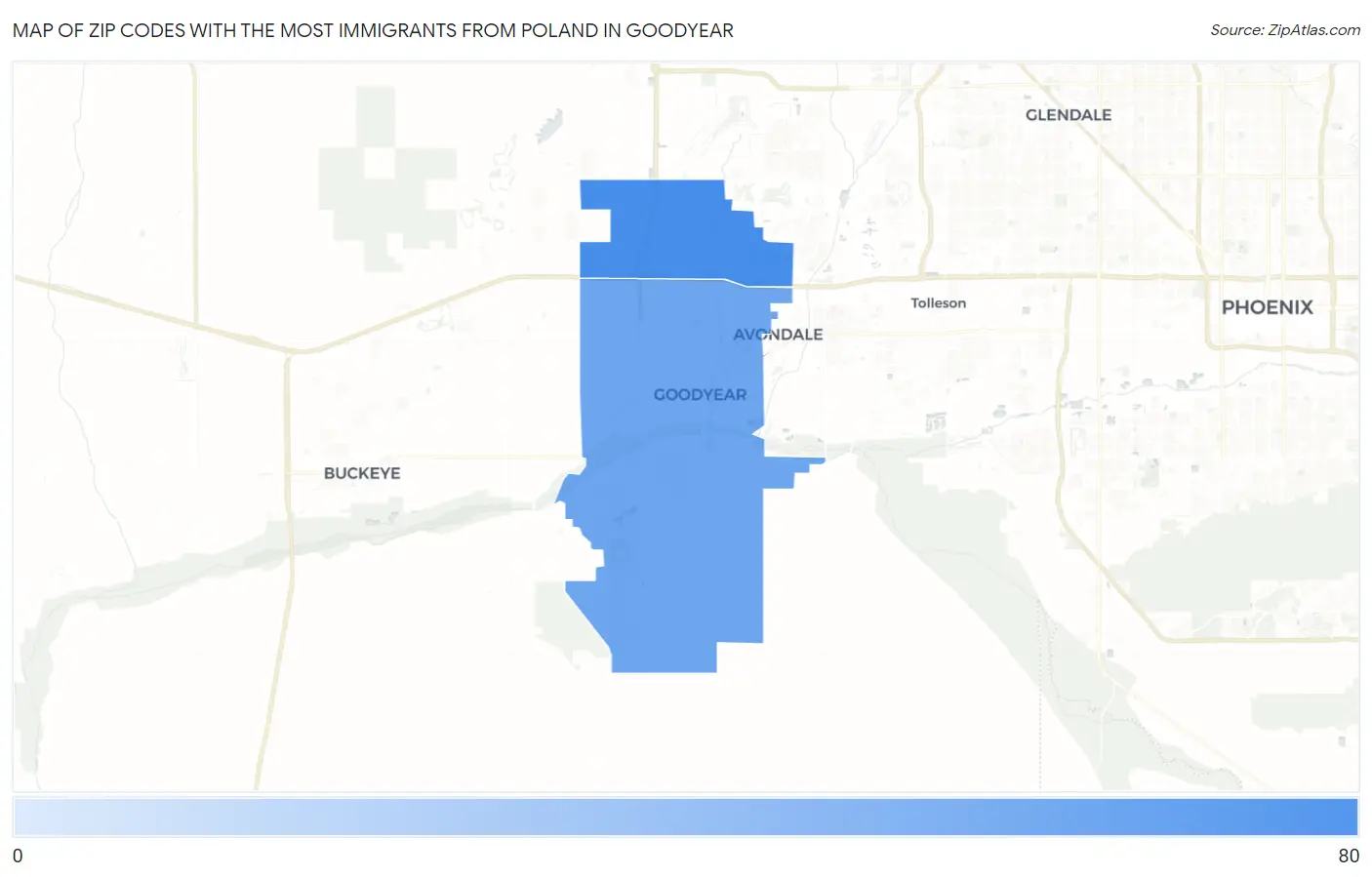 Zip Codes with the Most Immigrants from Poland in Goodyear Map