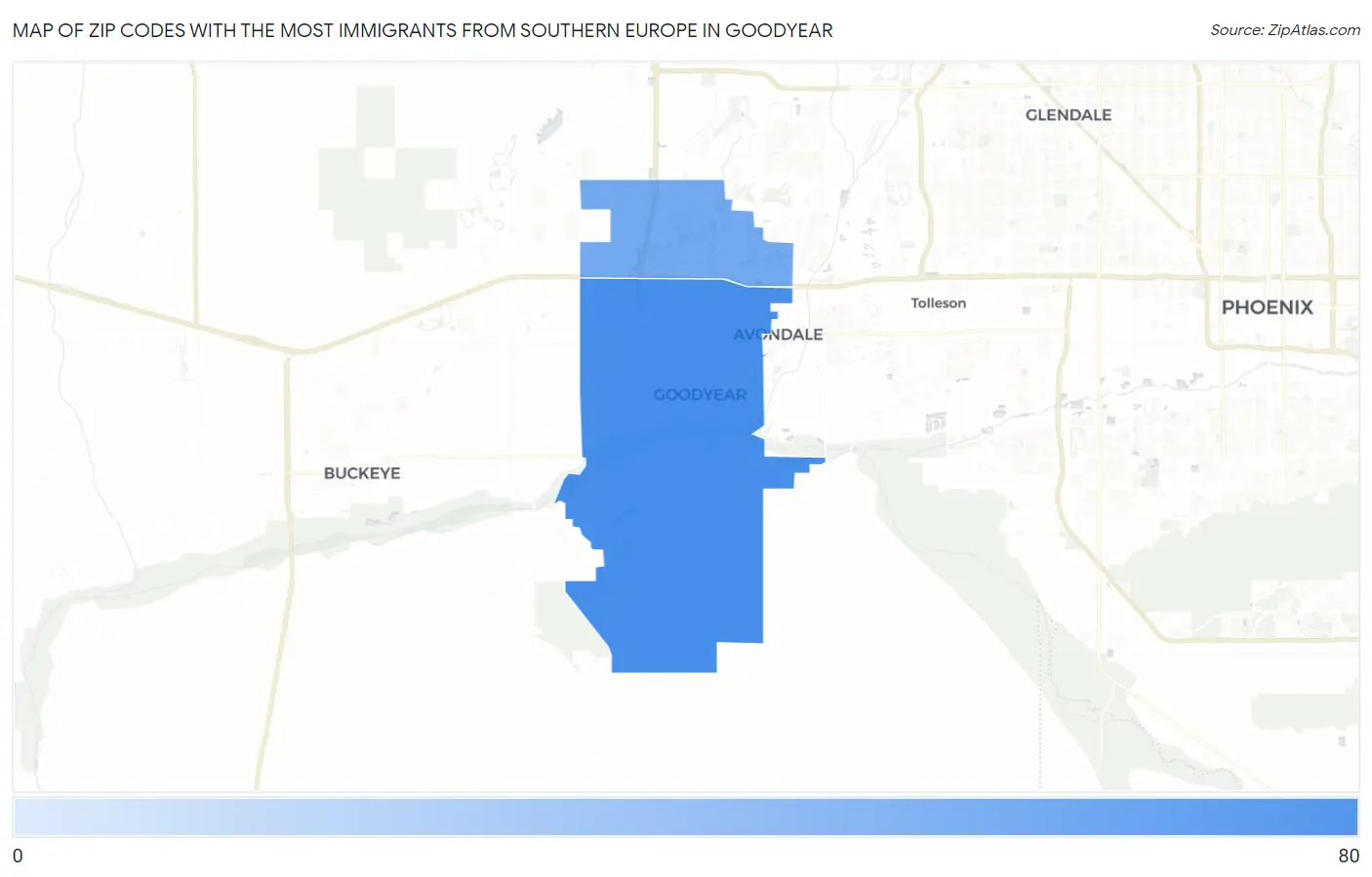 Zip Codes with the Most Immigrants from Southern Europe in Goodyear Map