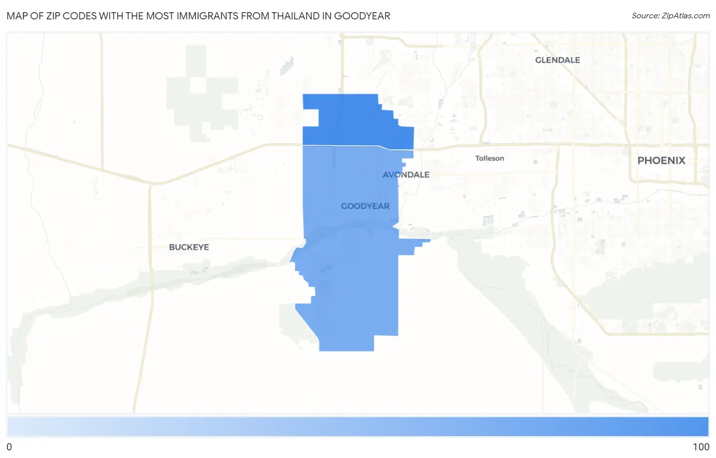 Zip Codes with the Most Immigrants from Thailand in Goodyear Map