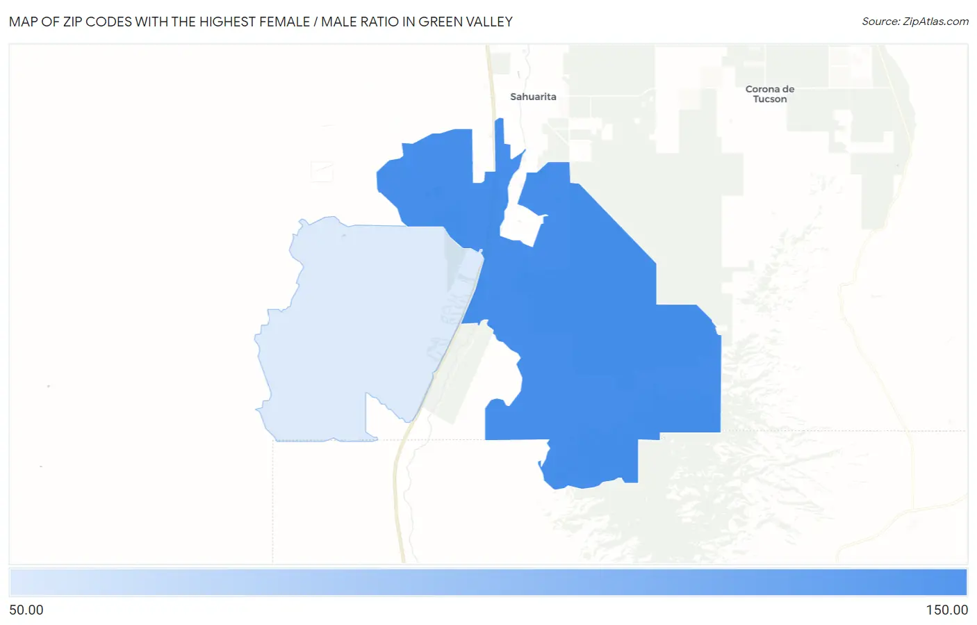 Zip Codes with the Highest Female / Male Ratio in Green Valley Map