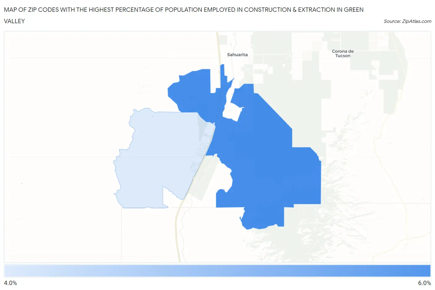 Zip Codes with the Highest Percentage of Population Employed in Construction & Extraction in Green Valley Map