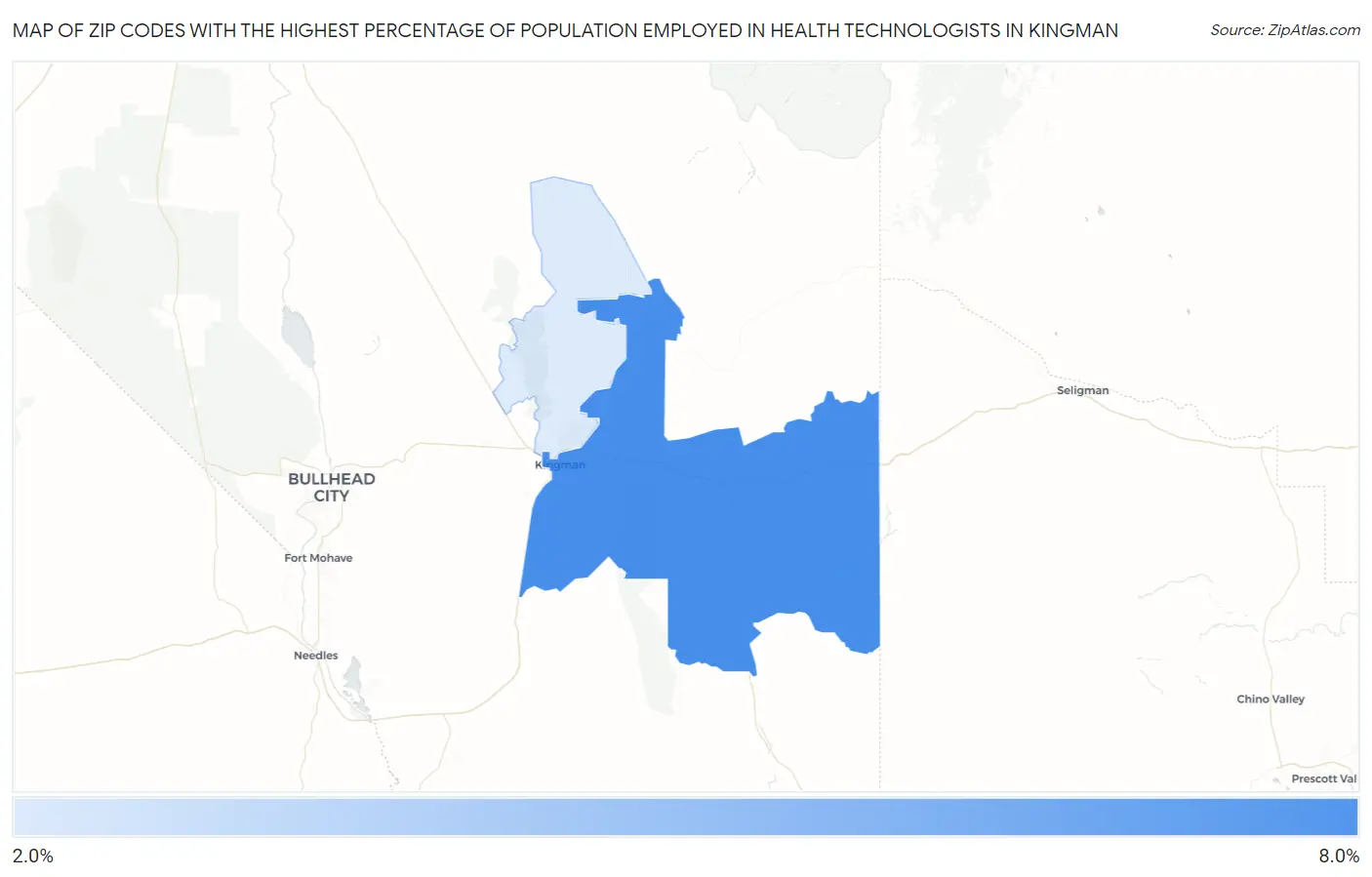 Zip Codes with the Highest Percentage of Population Employed in Health Technologists in Kingman Map