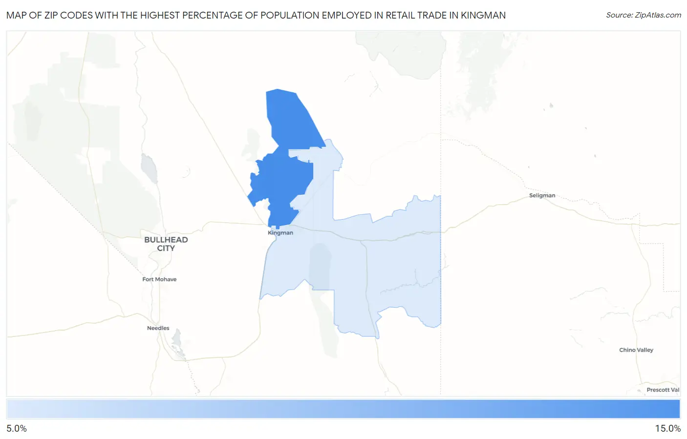 Zip Codes with the Highest Percentage of Population Employed in Retail Trade in Kingman Map
