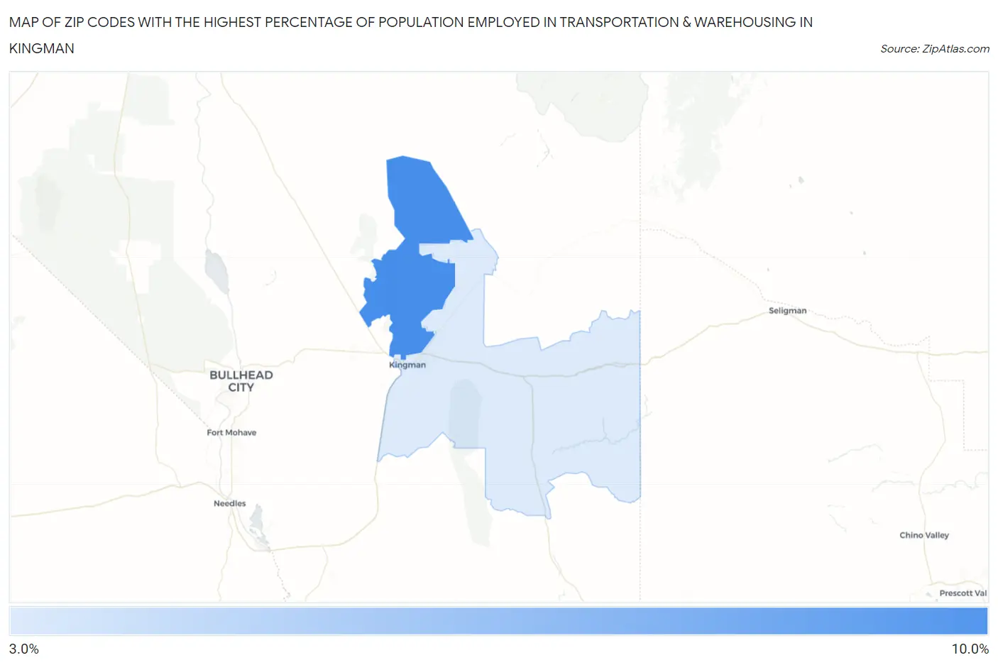 Zip Codes with the Highest Percentage of Population Employed in Transportation & Warehousing in Kingman Map