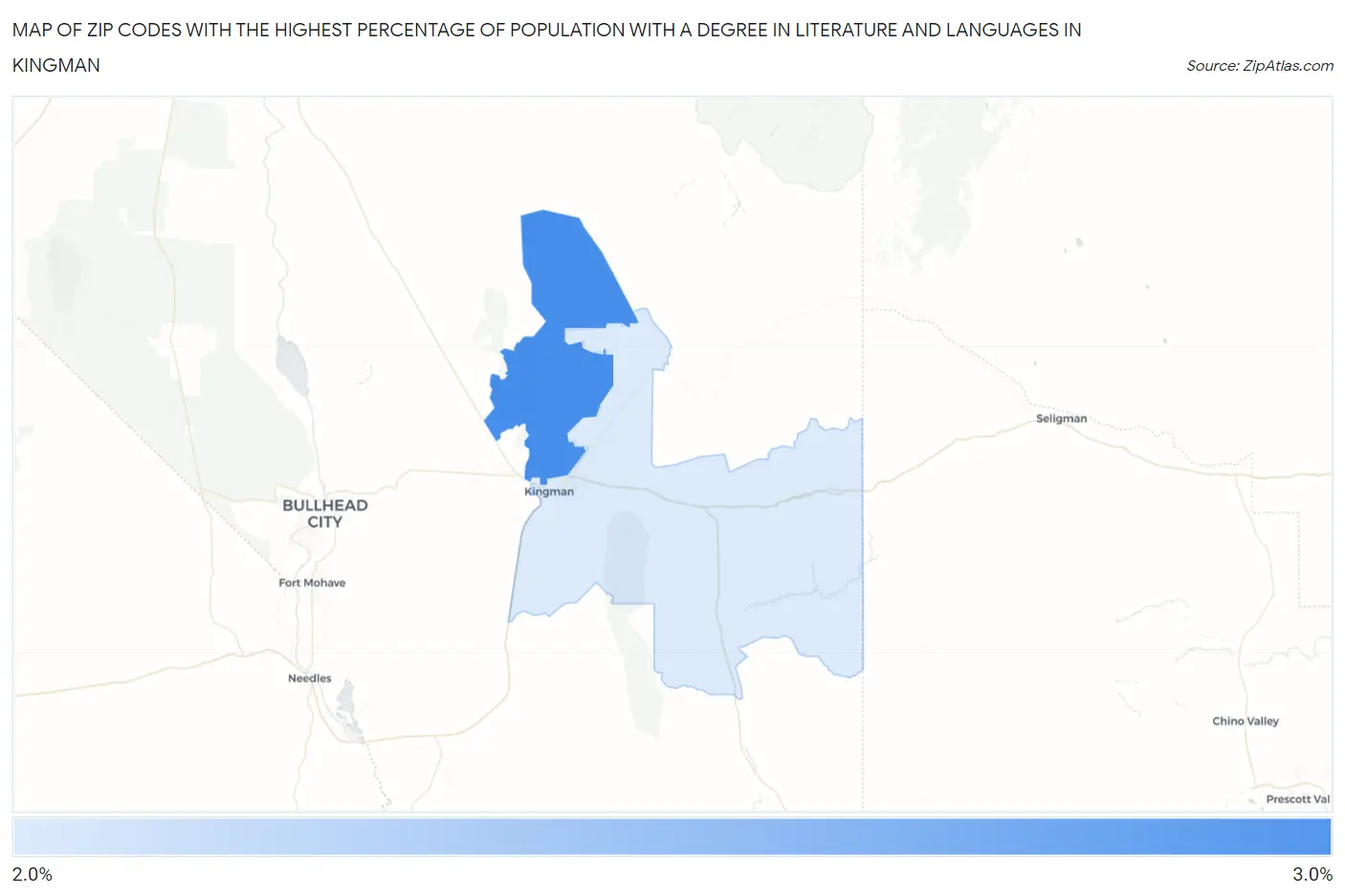 Zip Codes with the Highest Percentage of Population with a Degree in Literature and Languages in Kingman Map