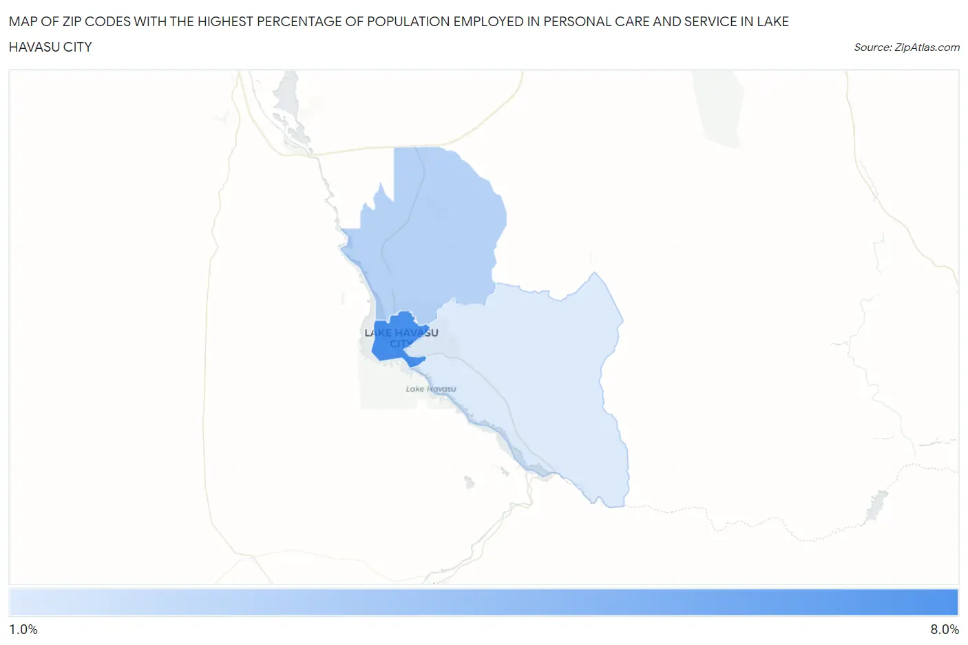 Zip Codes with the Highest Percentage of Population Employed in Personal Care and Service in Lake Havasu City Map