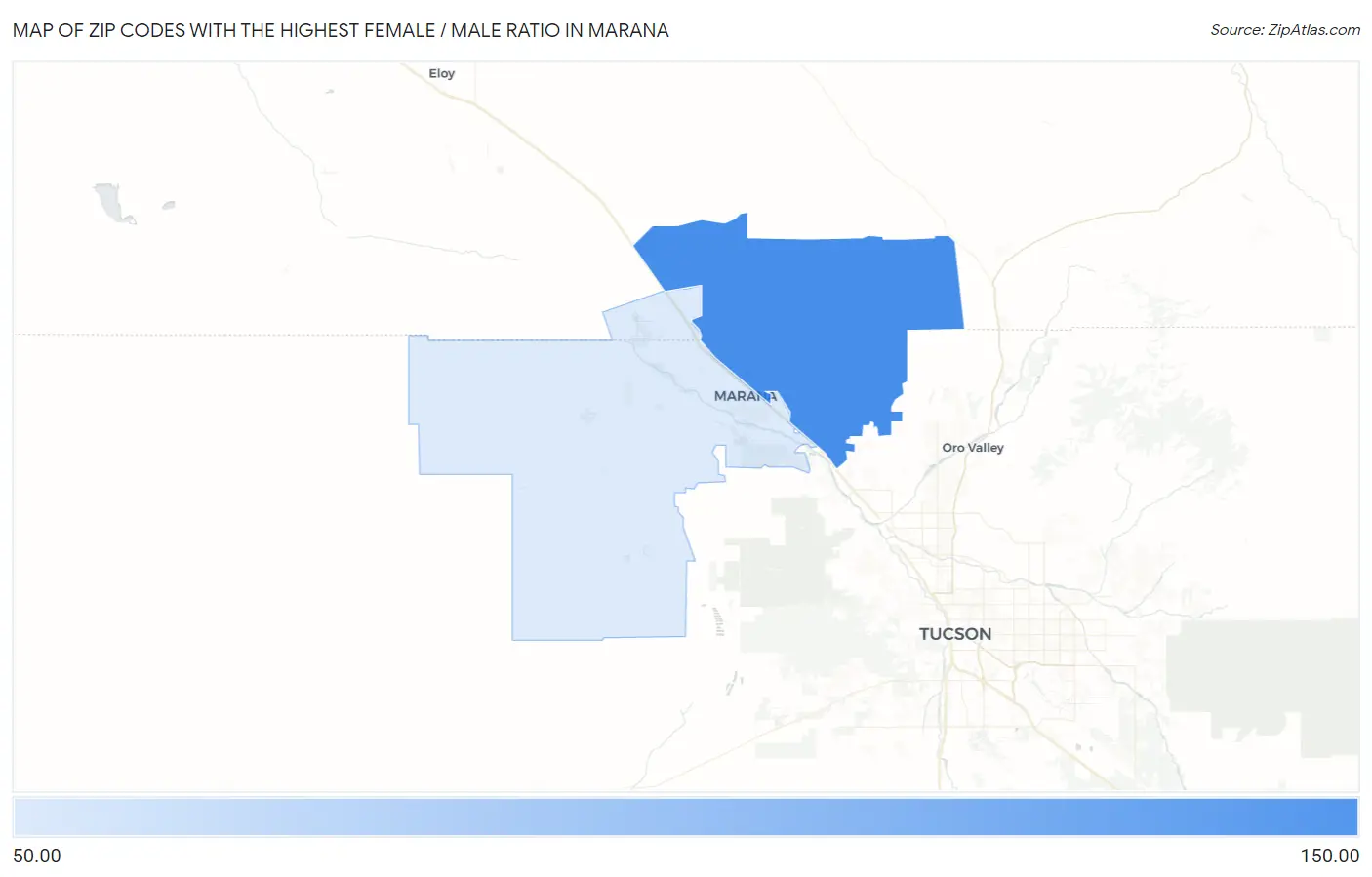 Zip Codes with the Highest Female / Male Ratio in Marana Map