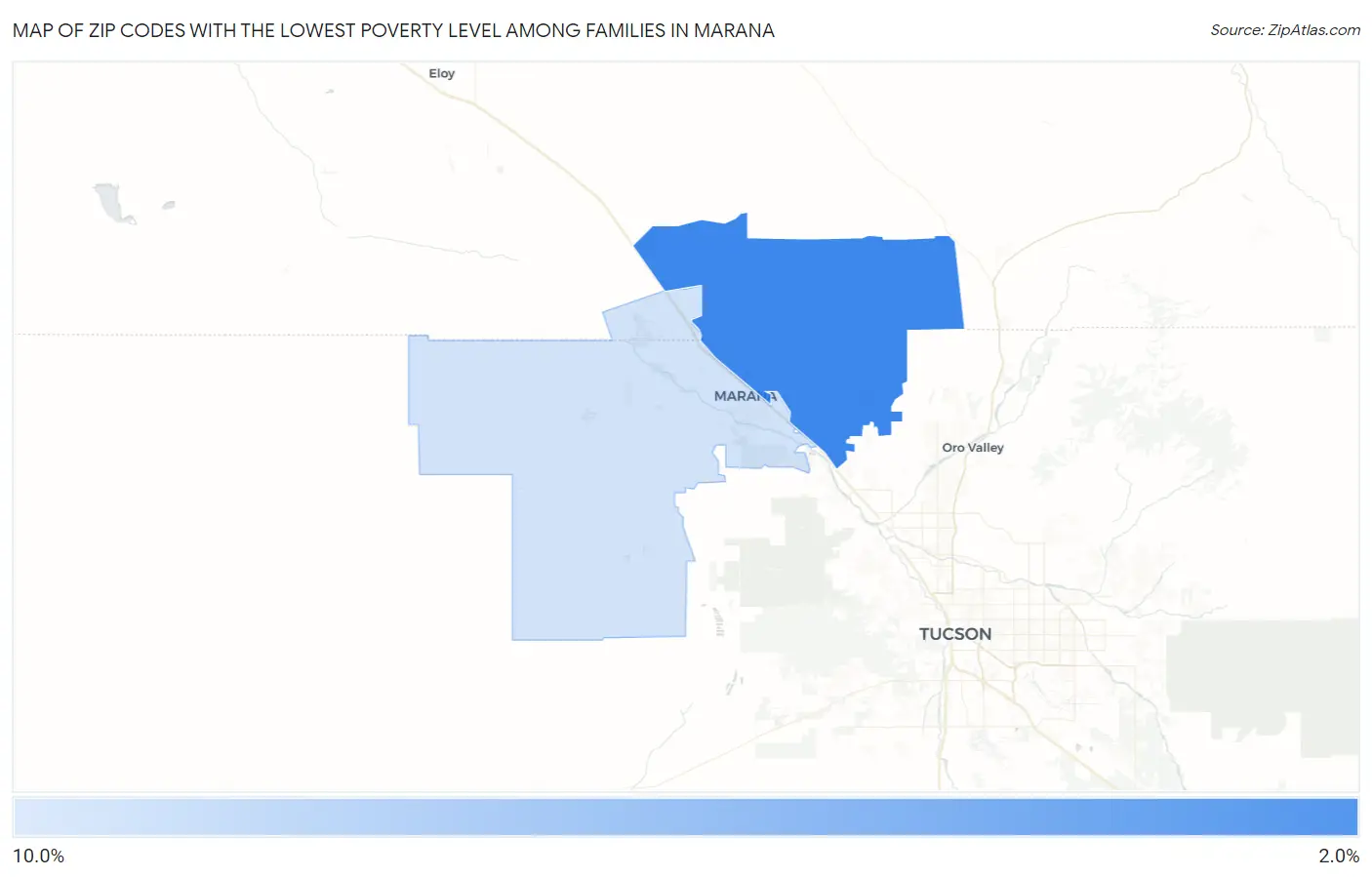 Zip Codes with the Lowest Poverty Level Among Families in Marana Map