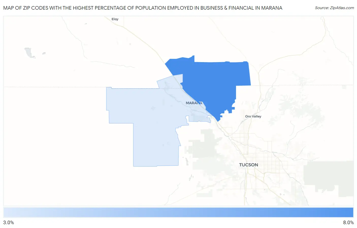 Zip Codes with the Highest Percentage of Population Employed in Business & Financial in Marana Map