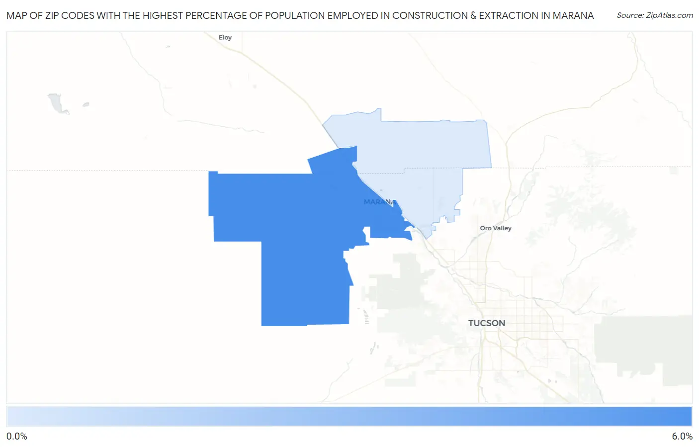 Zip Codes with the Highest Percentage of Population Employed in Construction & Extraction in Marana Map